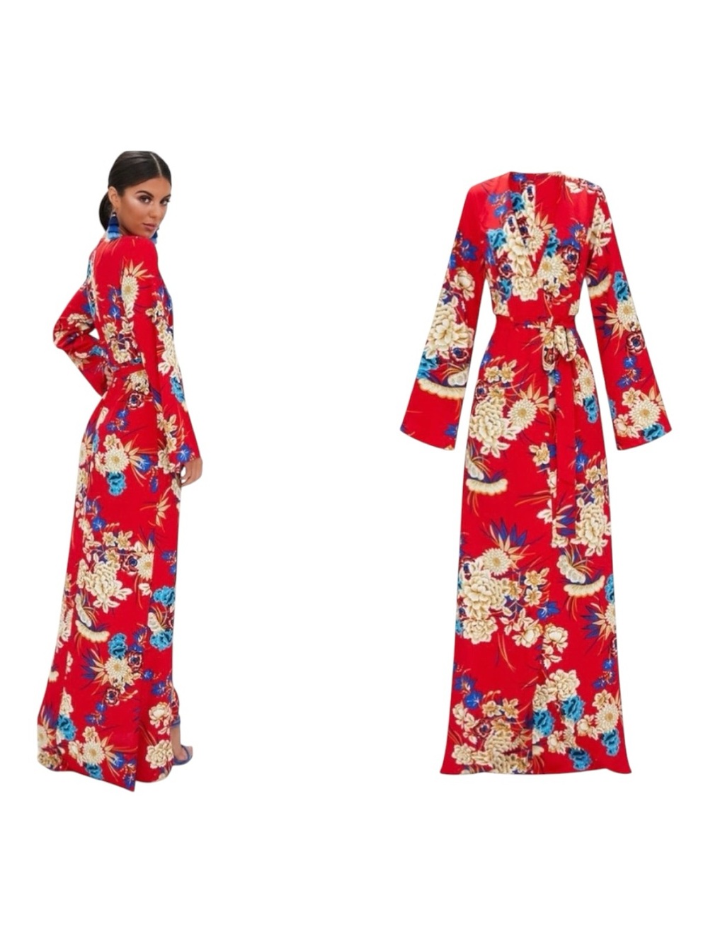 PrettyLittleThing Red Floral Kimono Maxi Dress